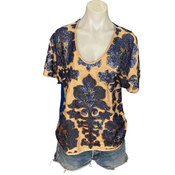 Tracy Reese Blue Sequin Top MEDIUM Cocktail Party Glam Maximalist $79 NEW - Picture 2 of 7